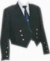 TTT-315. Prince Charlie Jacket, Black Wool, with a single button on the front, two side vents, cuffs with 3 buttons, pocket flaps with 3 buttons, custom sizes available. Diamond Shape Thistle Buttons.