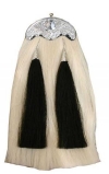 TTT-160. Sporran pouch is made of genuine leather. Sporran has 2 black horse hair tassels on a white horse hair body, complimented by it's nickel plated cantle. Pouch is about 3-1/2